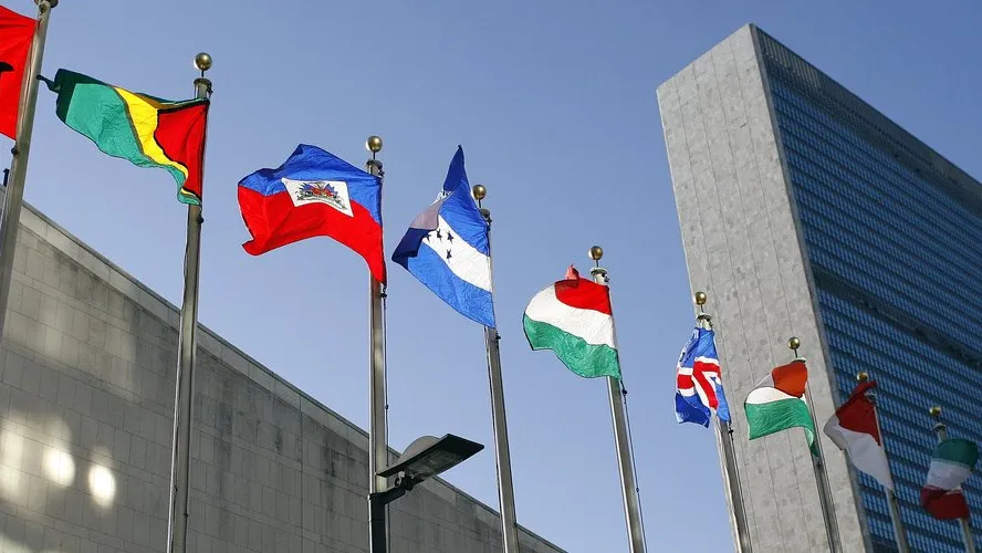Flags outside the United Nations, New York