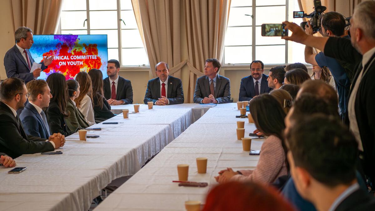 The top United Nations official in Cyprus, Colin Stewart, hosts the Greek Cypriot leader, Nikos Christodoulides and the Turkish Cypriot leader, Ersin Tatar, at a meeting convened at the leaders’ initiative at Ledra Palace Hotel
