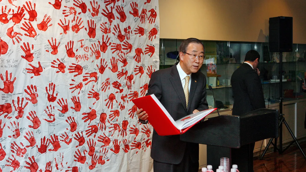 Secretary-General Ban Ki-moon (right) participates in the launch of the ""Red Hand Day Campaign"" to raise the global awareness of the plight of child soldiers through public protests, demonstrations and other activities. Secretary-General Ban Ki-moon (right) participates in the launch of the ""Red Hand Day Campaign"" to raise the global awareness of the plight of child soldiers through public protests, demonstrations and other activities.