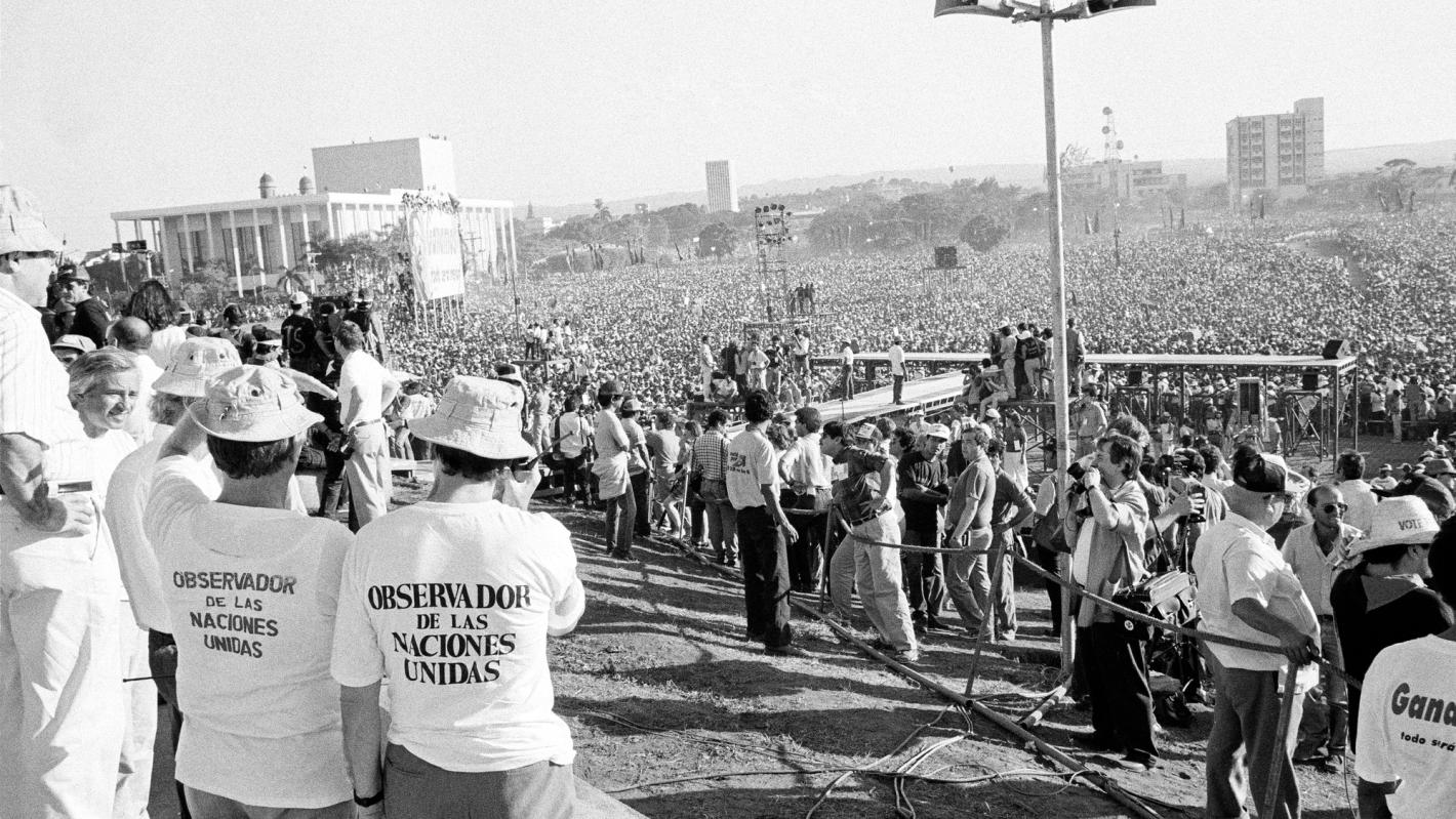 United Nations Observers monitor a political rally in Managua.