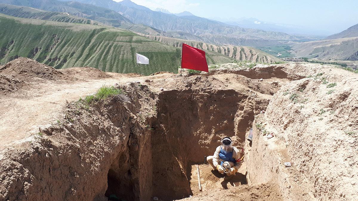 a deminer is clearing a field in a pit