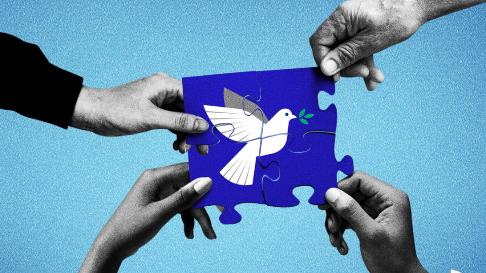 Four hands in black and white each holding a puzzle piece. Each puzzle piece is being held together to show a picture of a white dove and laurel.