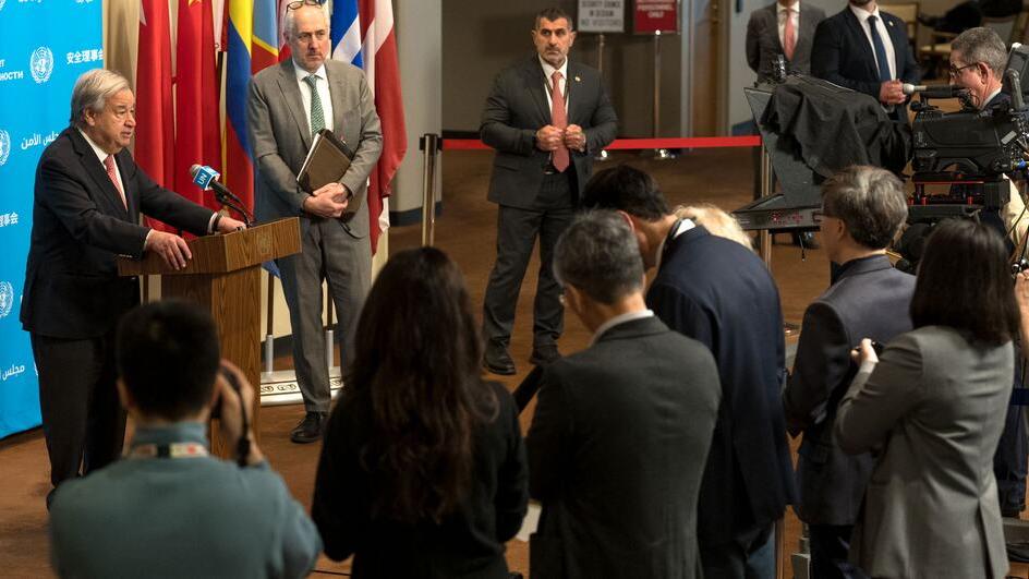 Secretary-General António Guterres speaks to the press on the continuation of the US-Israel-Iran conflict and its impact on the Middle East.