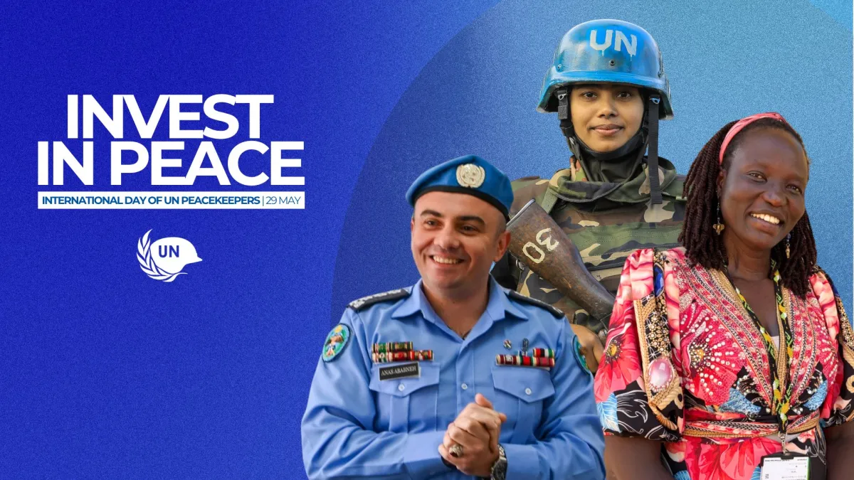 invest in peace banner featuring 3 peacekeepers