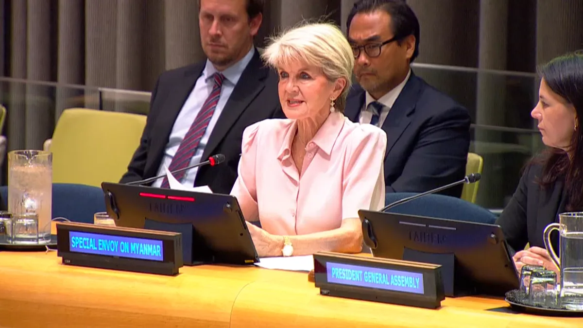 Special Envoy of the Secretary-General on Myanmar Julie Bishop briefs the General Assembly.