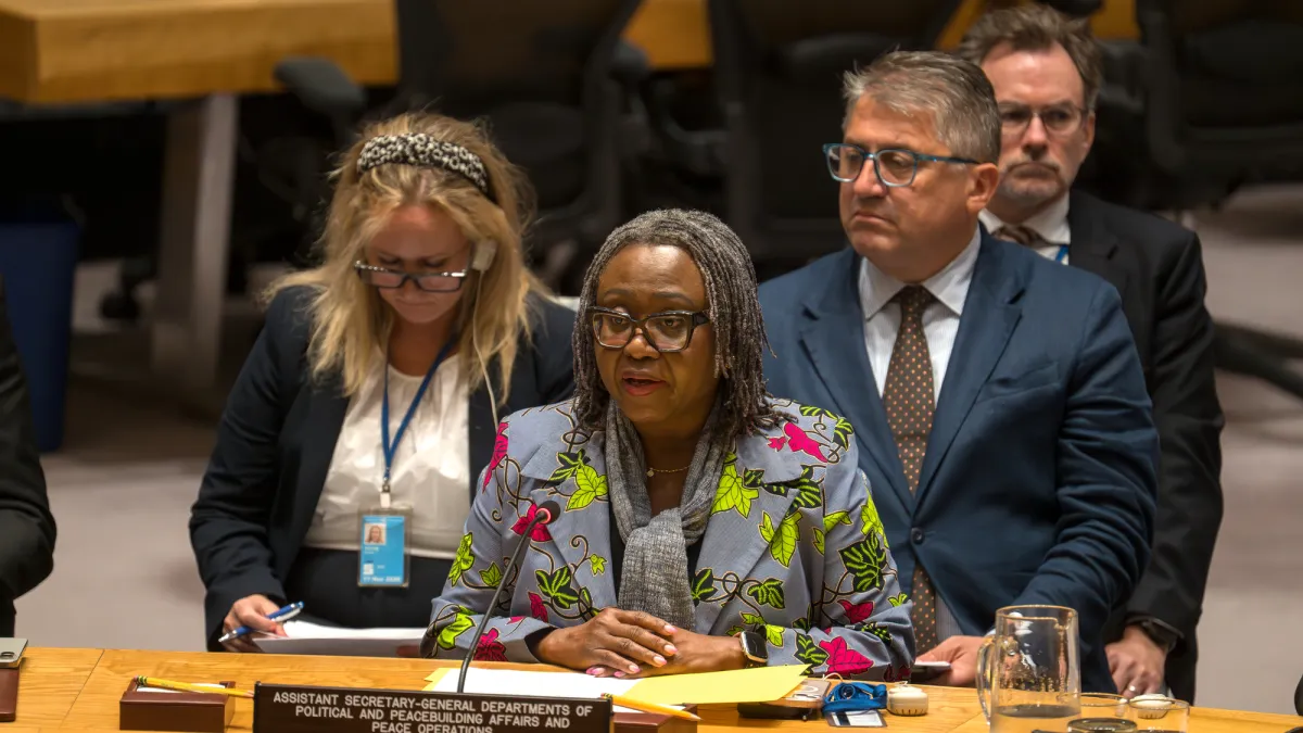 Martha Ama Akyaa Pobee, Assistant Secretary-General of the Departments of Political and Peacebuilding Affairs and Peace Operations, briefs the Security Council meeting on the situation in the Middle East.