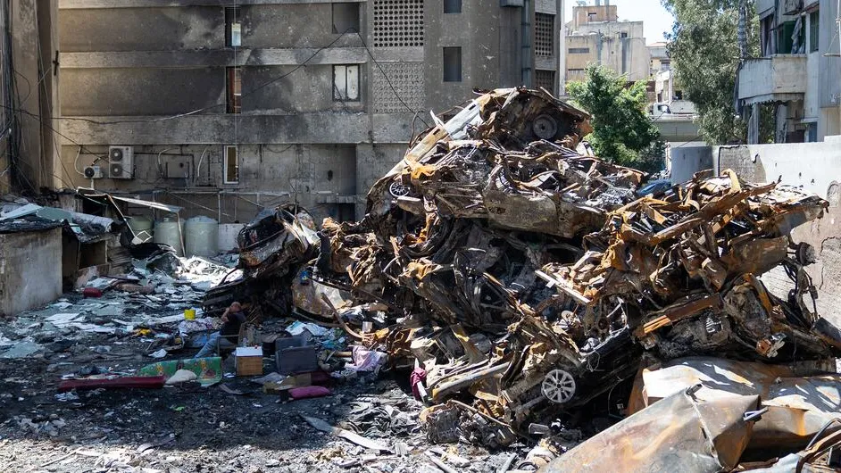 A residential building in Beirut, Lebanon, lies in ruins