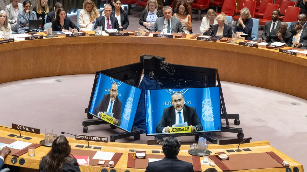 Ramiz Alakbarov (on screens), Deputy Special Coordinator for the Middle East Peace Process, United Nations Resident and Humanitarian, briefs the Security Council meeting on the situation in the Middle East, including the Palestinian question. 