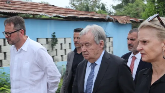 UN Secretary-General António Guterres with the heads of BINUH and UNSOH during his solidarity visit to Haiti on 16 June 2026. UN Secretary-General António Guterres walking alongside the heads of BINUH and UNSOH in Haiti.