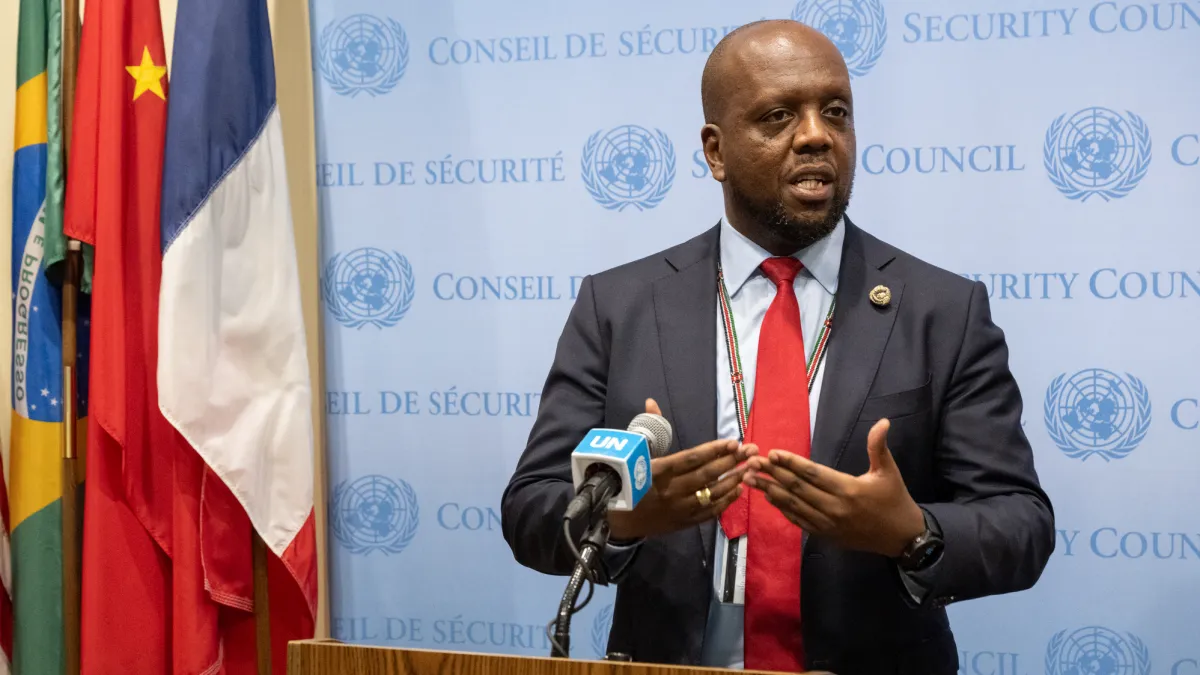 Martin Kimani, Permanent Representative of Kenya, briefs reporters ahead of the Security Council meeting on the United Nations Verification Mission in Colombia (UNVMC).