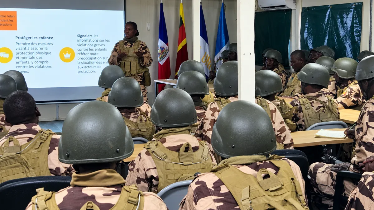 GSF personnel attending a child protection training session at Camp Vertières in Port-au-Prince.