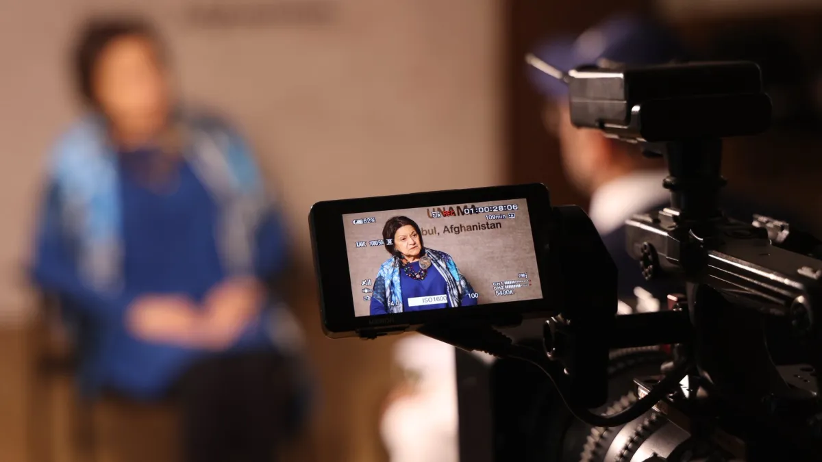 Under-Secretary-General for Political and Peacebuilding Affairs Rosemary DiCarlo speaks to a camera during her visit to Afghanistan.
