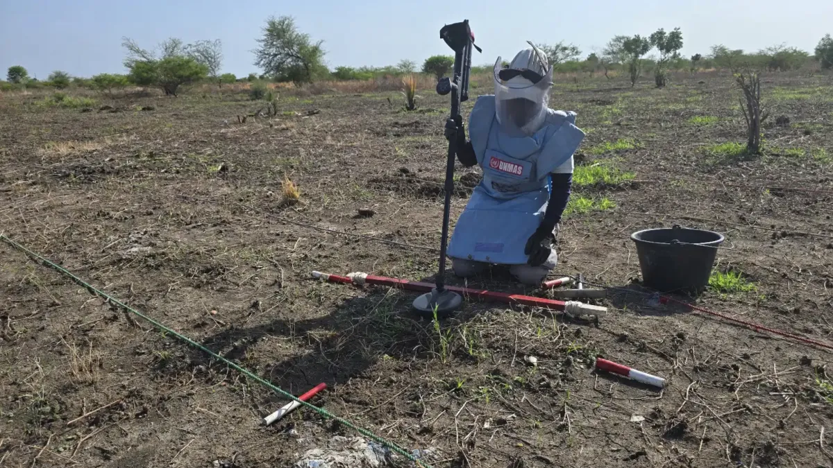 A deminer conducts clearance operations in Bilinyang Payam, Central Equatoria State, helping make land previously contaminated by explosive hazards safe for civilian use. \