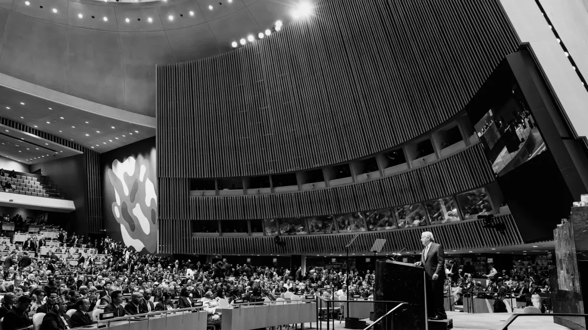 A wide view of the General Assembly Hall as Secretary-General António Guterres (at podium) opens the general debate of the General Assembly’s eighty-first session. The theme for the debate is "Restoring trust, managing transformation: a United Nations that delivers for all