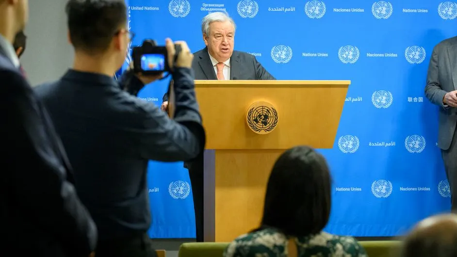 UN chief António Guterres briefs reporters in January 2024, calling for “an immediate humanitarian ceasefire to ensure sufficient aid gets to where it is needed, to facilitate the release of the hostages, to tamp down the flames of wider war.”