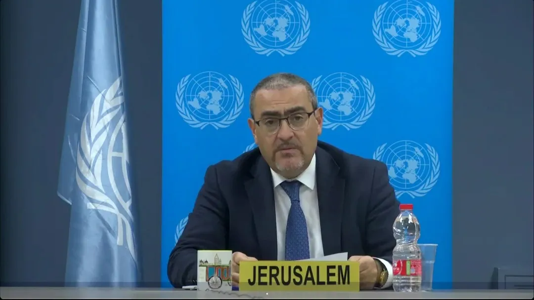 Ramiz Alakbarov (on screen), Acting Special Coordinator for the Middle East Peace Process, United Nations Resident and Humanitarian Coordinator, briefs the Security Council meeting on the situation in the Middle East, including the Palestinian Question.