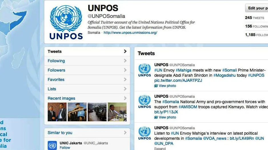 "@UNPOSomalia @UN @UN_DPA Ambassador Mahiga should be congratulated for making this possible, he worked tirelessly for a better change," tweeted by Harbi Kullane ‏@Xarbi in Mogadishu, an example of interaction on the UNPOS Twitter account.