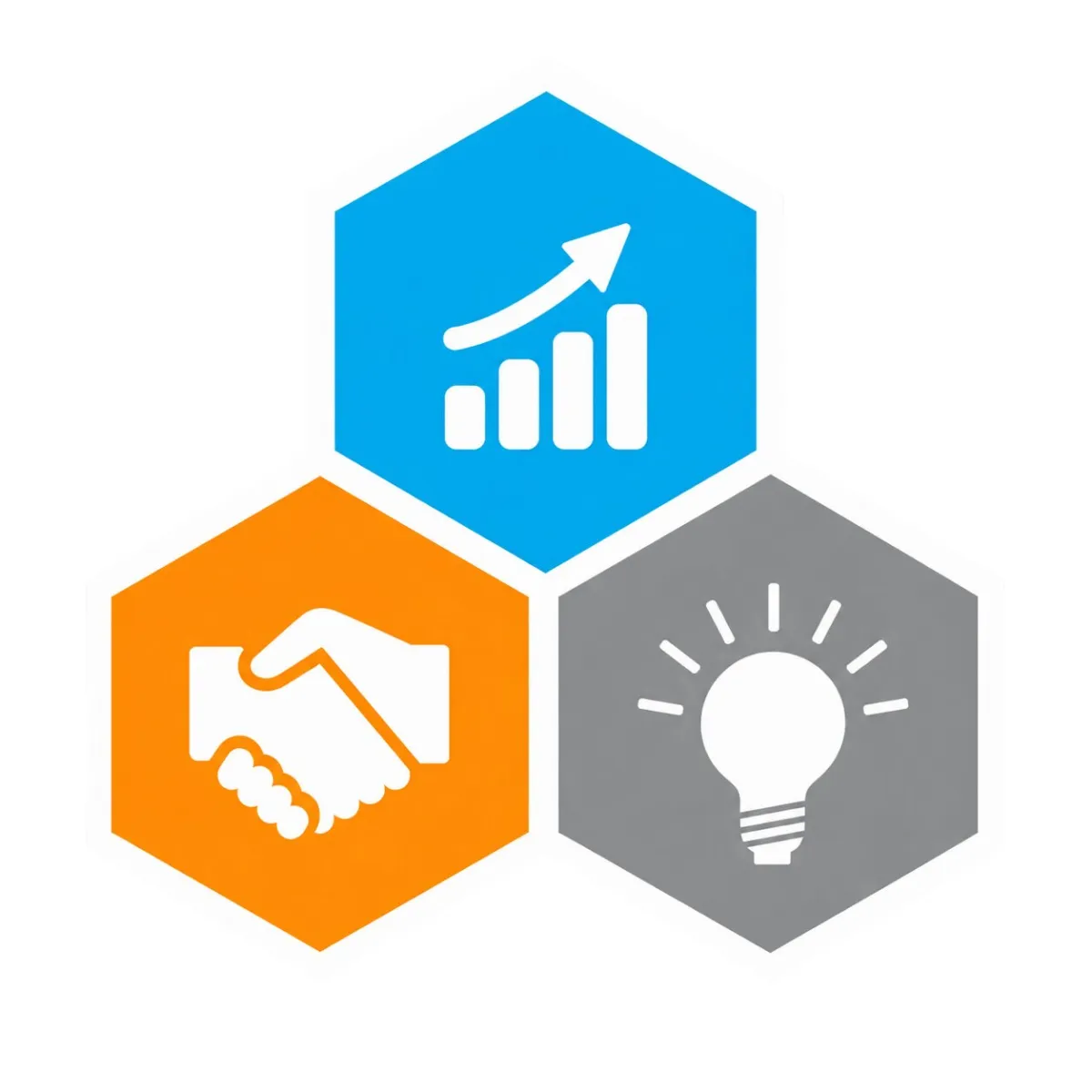 DOS logo of three hexagons with an upwards trend, shaking hands, and a light bulb