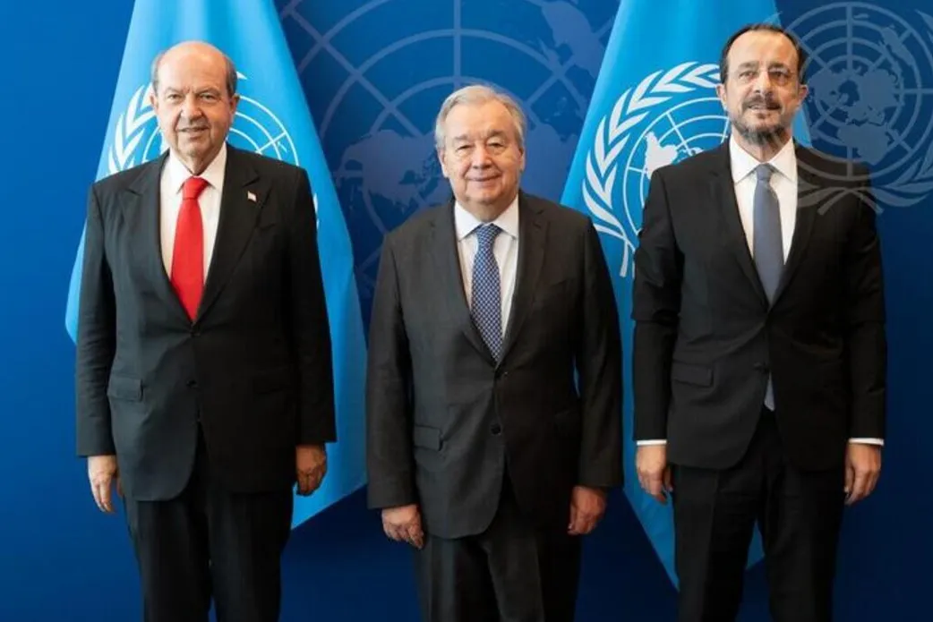 The Secretary-General (center), with the Greek Cypriot leader, Nikos Christodoulides (left)  and the Turkish Cypriot leader, Ersin Tatar (right).