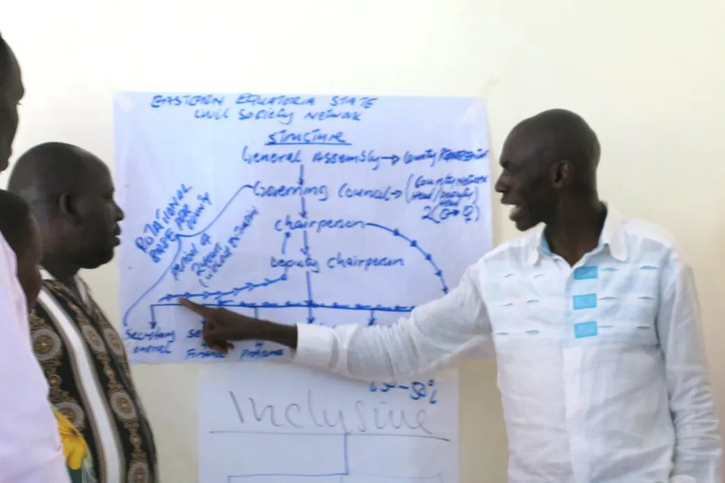 Person pointing at a large sheet of paper with handwritten notes and diagrams during a group discussion, with others standing nearby.