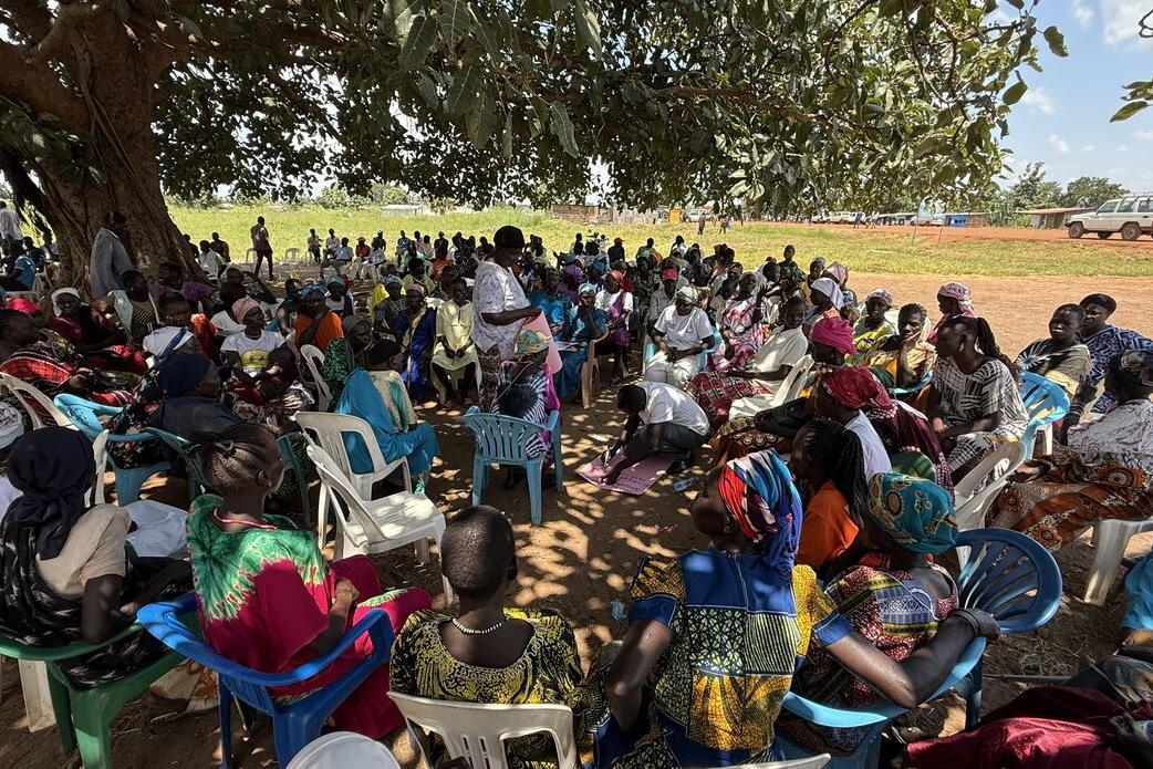 A large group of people sit in a circle under a tree during an outdoor community meeting.