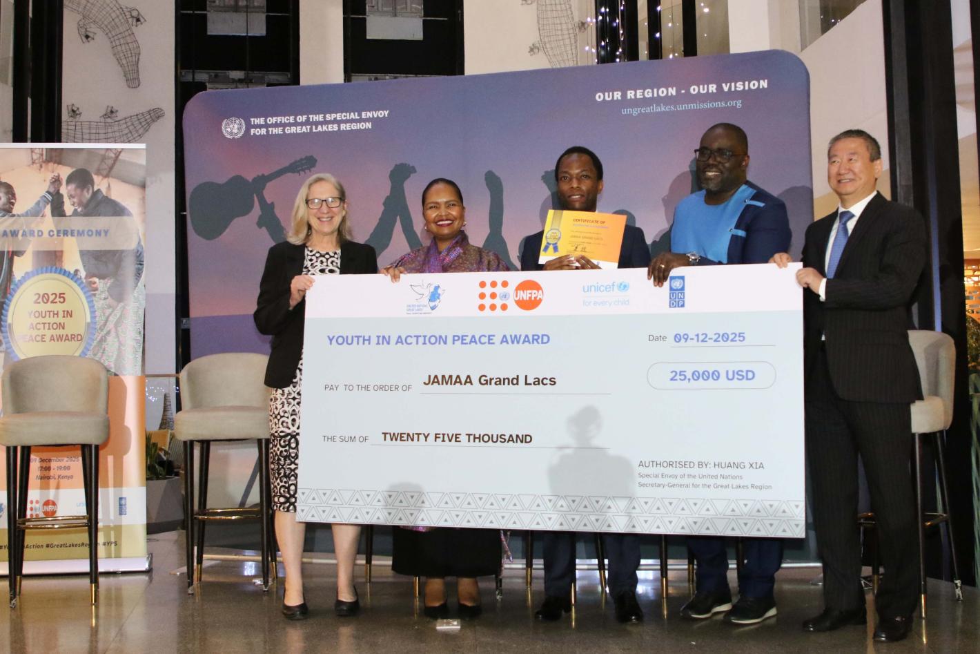 1. Grand Prize of US$25,000 to JAMAA Grand Lacs (DRC) Recognized for their powerful work supporting the community reintegration of conflict-affected youth, including former child soldiers and ex-combatants, helping them rebuild their lives with dignity and purpose.