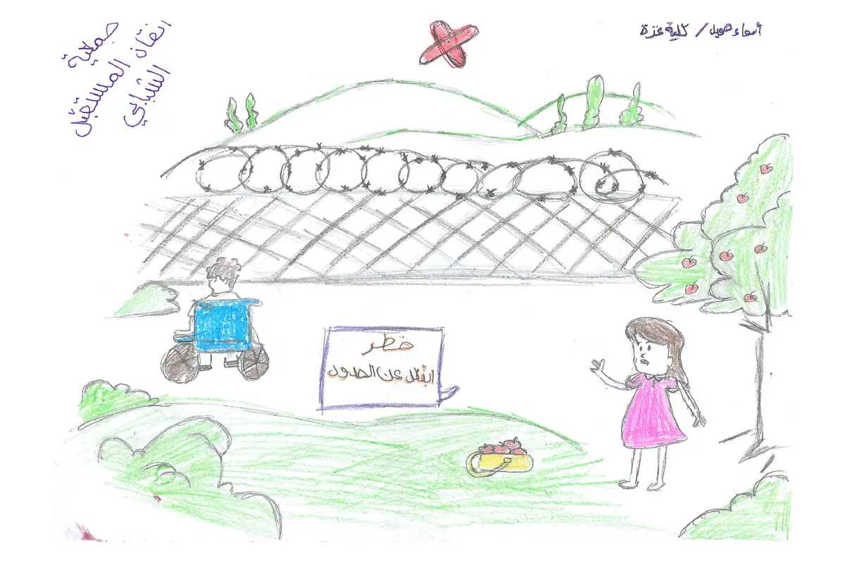 Child's drawing of a girl and a person in a wheelchair facing a barbed wire fence, with a "Danger – Do Not Cross the Border" sign