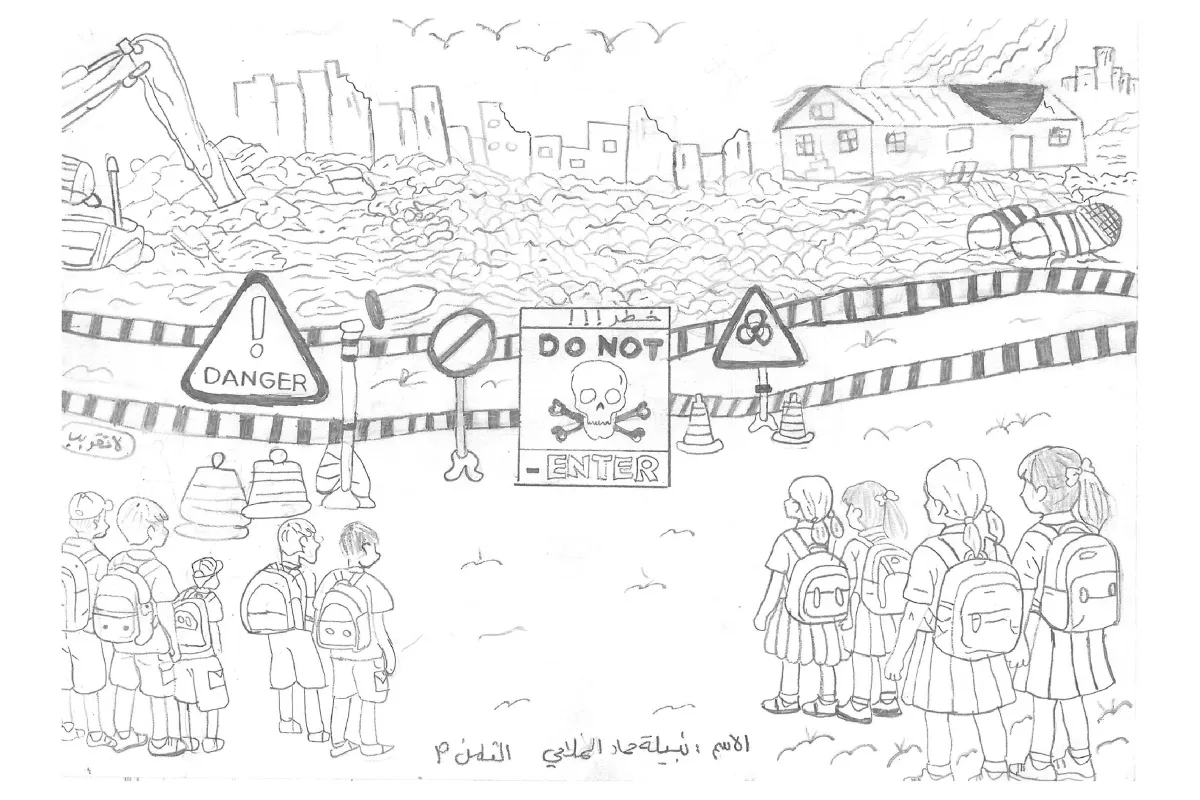 Pencil drawing of schoolchildren with backpacks facing danger signs and rubble, with destroyed buildings behind