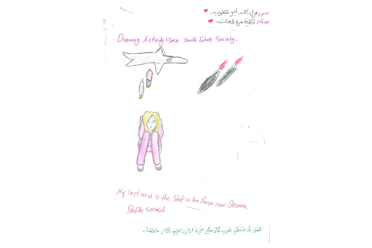 Child's drawing of an aircraft, missiles, and a frightened girl, with the text "My last wish is the stop in the Gaza war"
