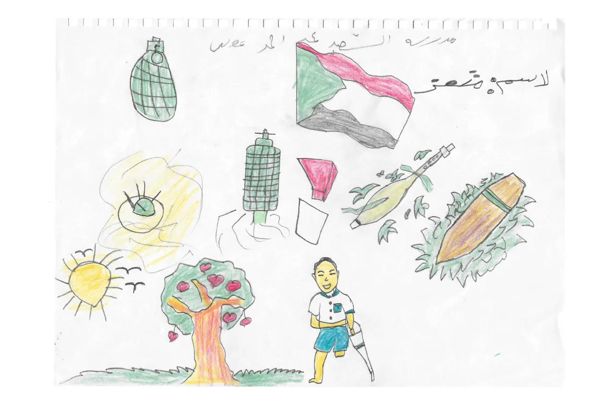 Motaz: Child's drawing featuring a grenade, Sudanese flag, a boy on crutches, and various explosive objects