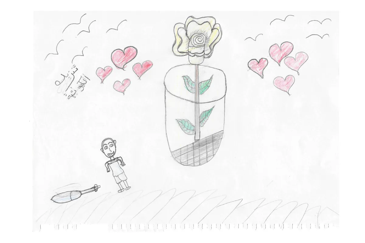 Tanzeel: Child's drawing of a large flower in a jar surrounded by hearts, with a small figure and a missile on the ground