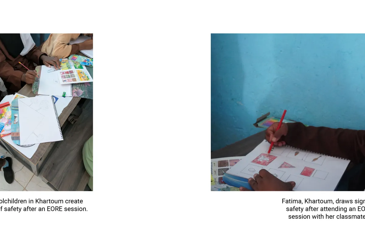 Schoolchildren in Khartoum create signs of safety after an EORE session. | Fatima, Khartoum, draws signs of safety after attending an EORE session with her classmates.