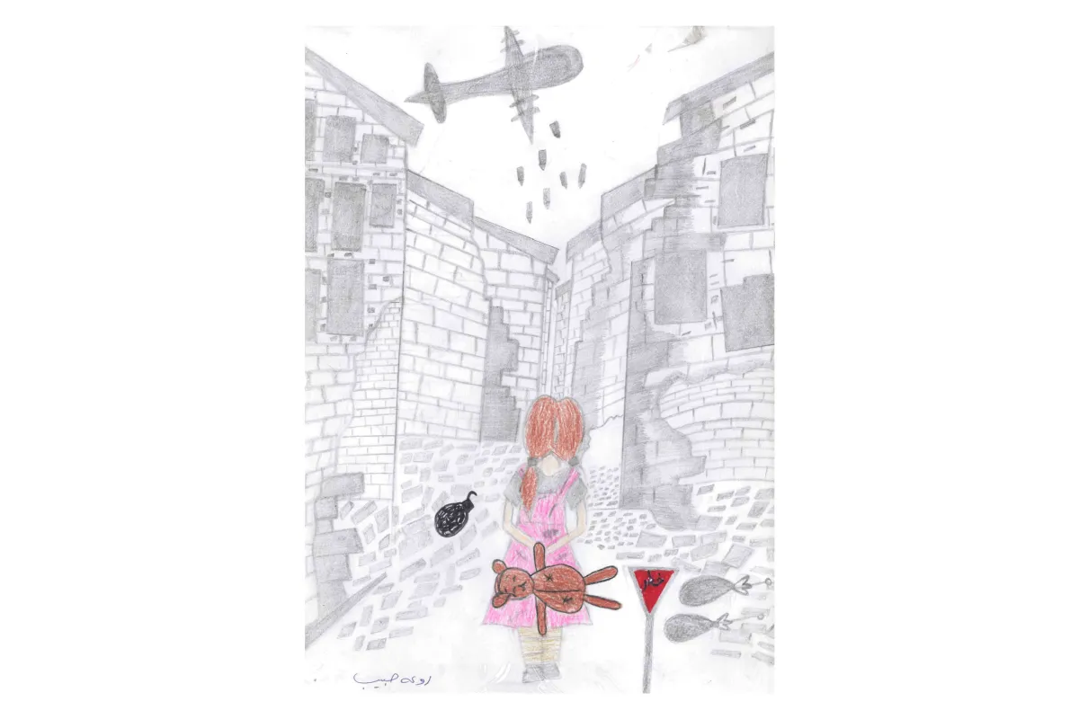 Raweat: Child's drawing of a girl holding a teddy bear standing alone in a destroyed street, with a warplane overhead