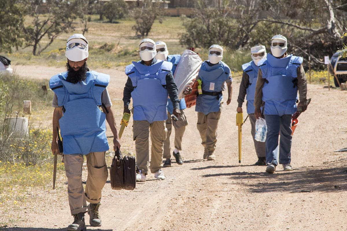 some deminers are walking and holding detectors and equipments.