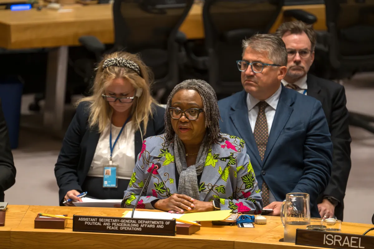 Martha Ama Akyaa Pobee, Assistant Secretary-General of the Departments of Political and Peacebuilding Affairs and Peace Operations, briefs the Security Council meeting on the situation in the Middle East.
