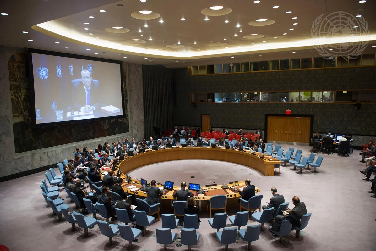 A wide view of the Security Council meeting on the situation in Libya. The Council was briefed via video teleconference by Martin Kobler (shown on screen), Special Representative of the Secretary-General and Head of the UN Support Mission in Libya (UNSMIL).
