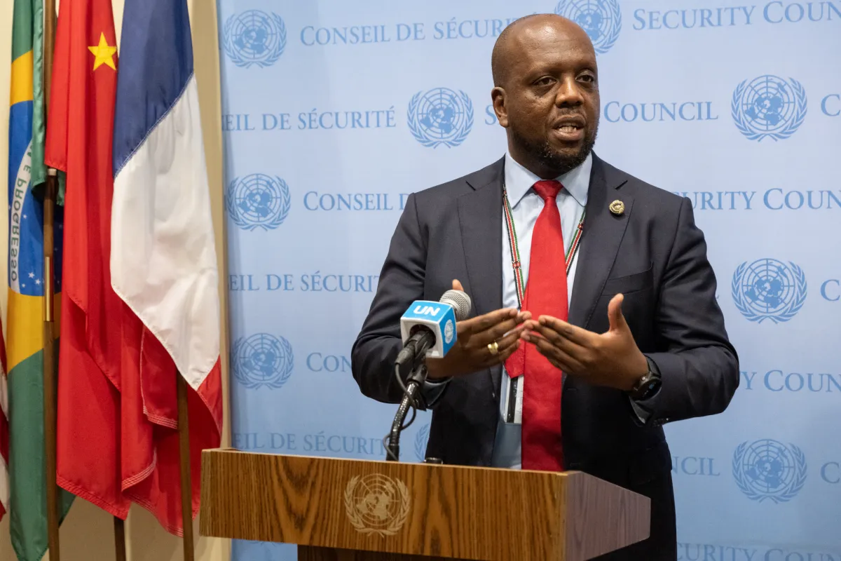 Martin Kimani, Permanent Representative of Kenya, briefs reporters ahead of the Security Council meeting on the United Nations Verification Mission in Colombia (UNVMC).