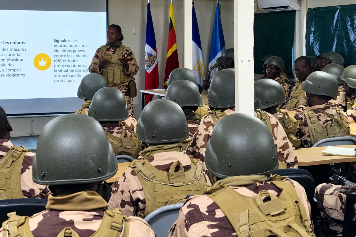 Child protection session during GSF induction training GSF personnel attending a child protection training session at Camp Vertières in Port-au-Prince.