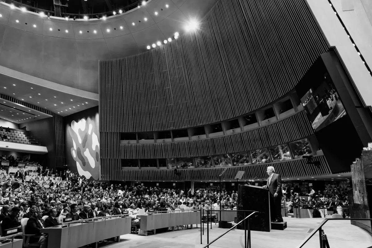 A wide view of the General Assembly Hall as Secretary-General António Guterres (at podium) opens the general debate of the General Assembly’s eighty-first session. The theme for the debate is "Restoring trust, managing transformation: a United Nations that delivers for all