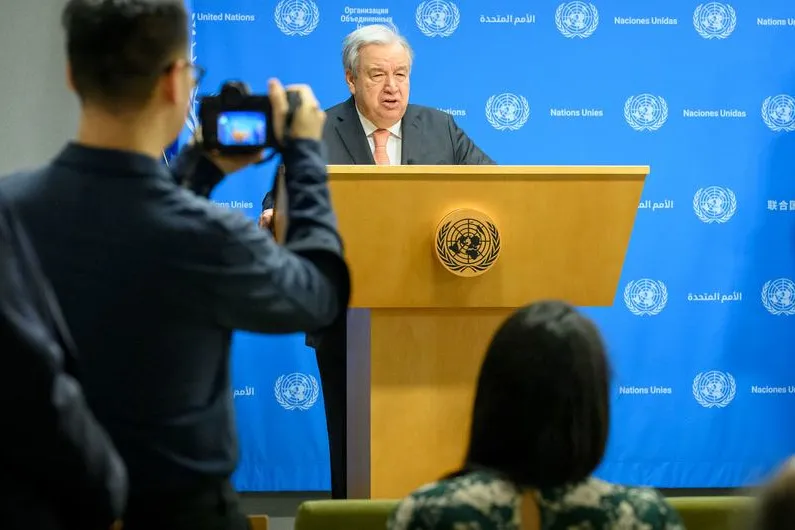 UN chief António Guterres briefs reporters in January 2024, calling for “an immediate humanitarian ceasefire to ensure sufficient aid gets to where it is needed, to facilitate the release of the hostages, to tamp down the flames of wider war.”