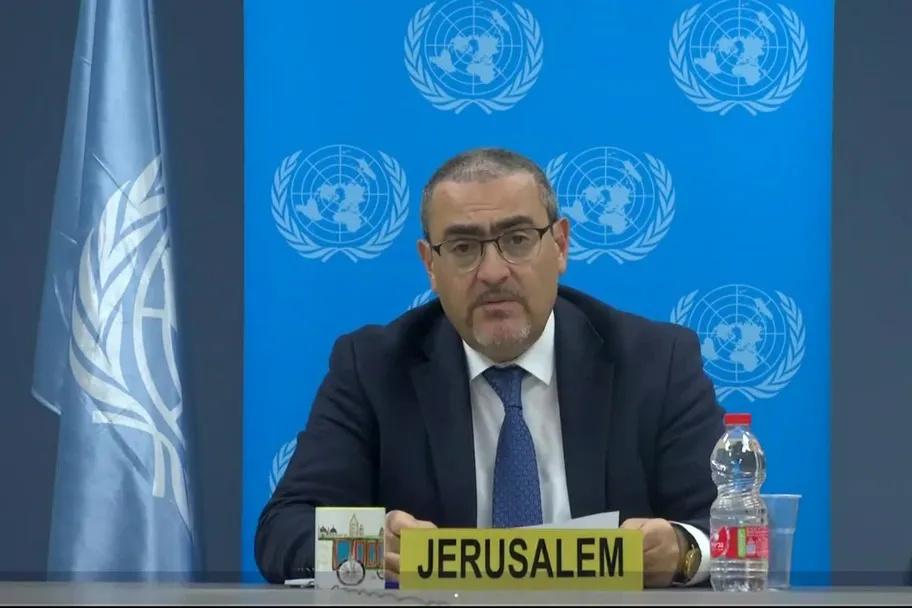 Ramiz Alakbarov (on screen), Acting Special Coordinator for the Middle East Peace Process, United Nations Resident and Humanitarian Coordinator, briefs the Security Council meeting on the situation in the Middle East, including the Palestinian Question.