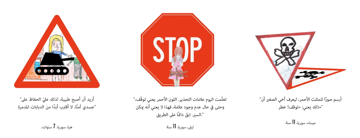  "أريد أن أصبح طبيبة، لذلك عليّ الحفاظ على جسدي آمنًا. لا أقترب أبدًا من الدبابات المدمرة."  هيا، سوريا، 7 سنوات. "تعلّمت اليوم علامات التحذير. اللون الأحمر يعني توقّف، وحتى في حال عدم وجود علامة، فهذا لا يعني أنه يمكن السير. ابقَ دائمًا على الطريق." ليلى، سوريا، 11 سنة. "أرسم صورًا للمثلث الأحمر، ليعرف أخي الصغير أن ذلك يعني: «توقف! خطر»." ميساء، سوريا، 11 سنة.