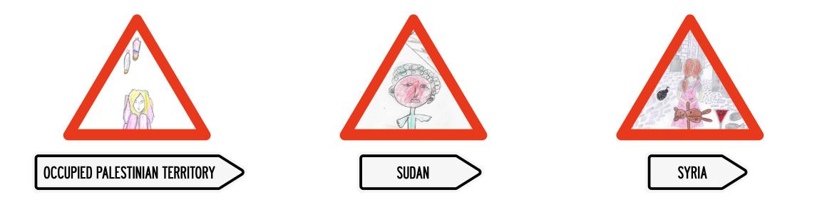Three stylized road signs with location pointers towards Occupied Palestinian Territory, Sudan, and Syria. Children's illustrations from each country are included.