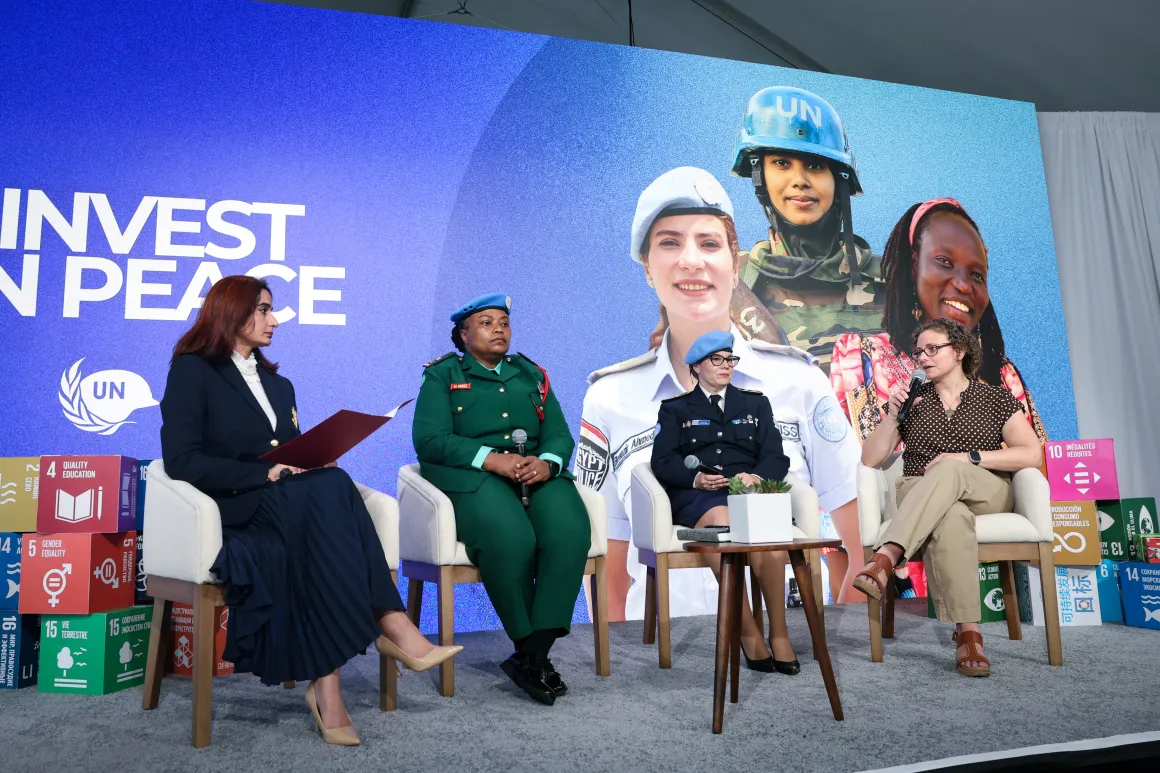 Three women peacekeepers are being interviewed at SDG Media Zone