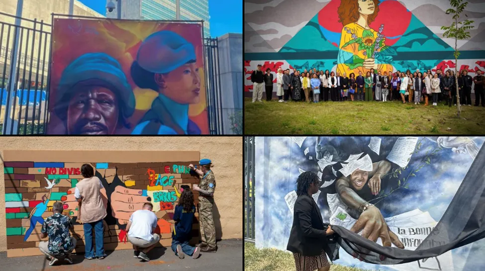 Compilation of photos of people creating street art with spray paint