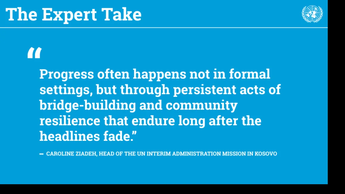 An image shows a quote from the SRSG, saying that progress is often made informally, through bridge building and community resilience.