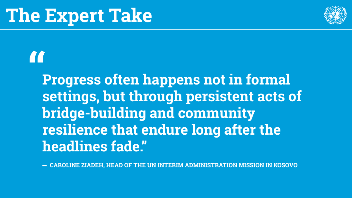 An image shows a quote from the SRSG, saying that progress is often made informally, through bridge building and community resilience.