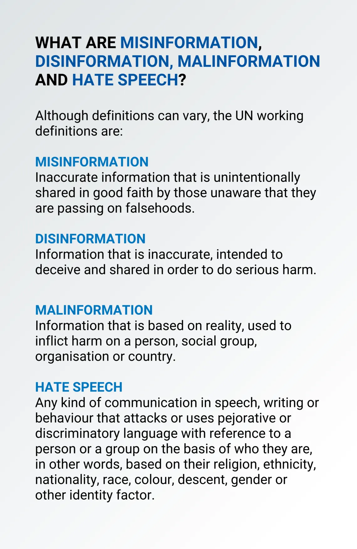 Definitions of hate speech, misinformation, disinformation, and malinformation