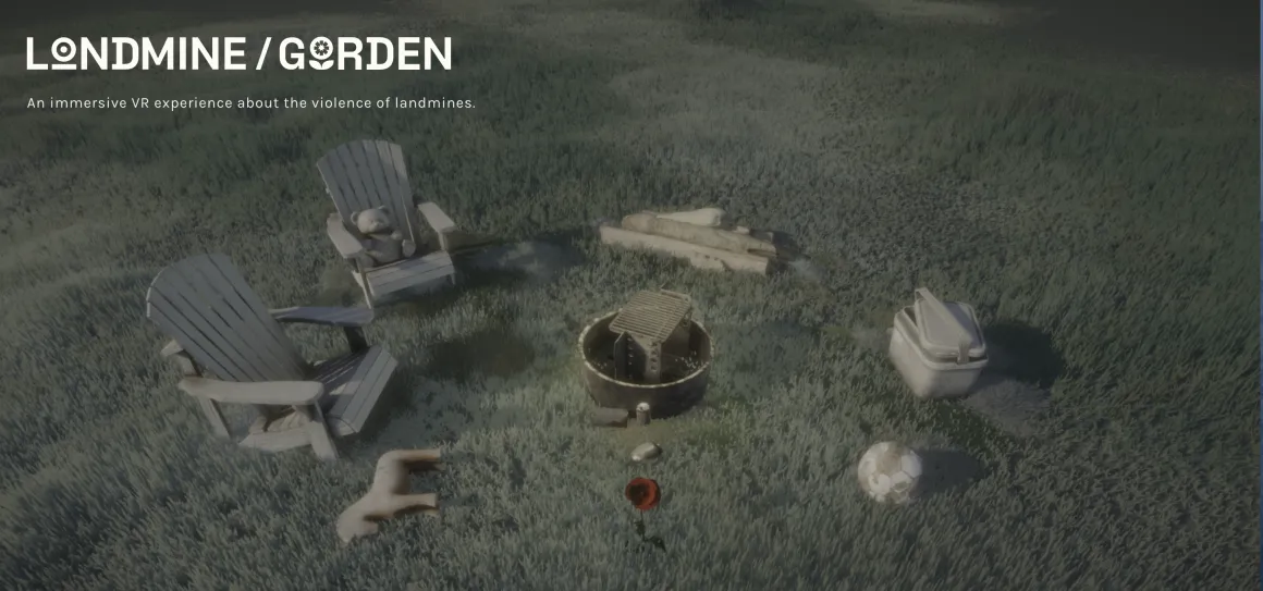 two adirondack chairs, some toys on a lawn and a mine in the center
