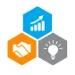 DOS logo of three hexagons with an upwards trend, shaking hands, and a light bulb